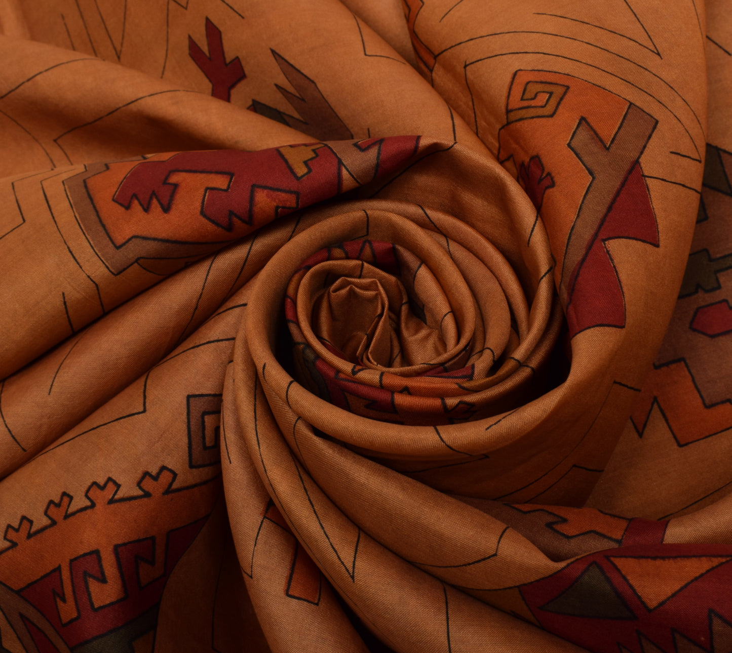Sushila Vintage Brown Scrap Saree 100% Pure Silk Printed 5 Yard Sari Fabric