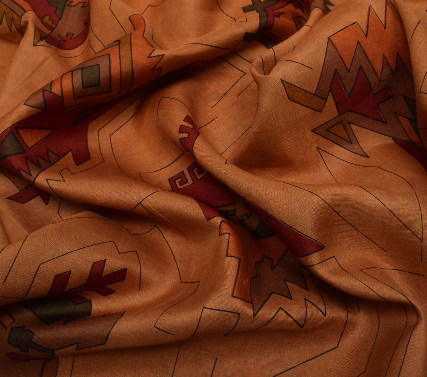 Sushila Vintage Brown Scrap Saree 100% Pure Silk Printed 5 Yard Sari Fabric