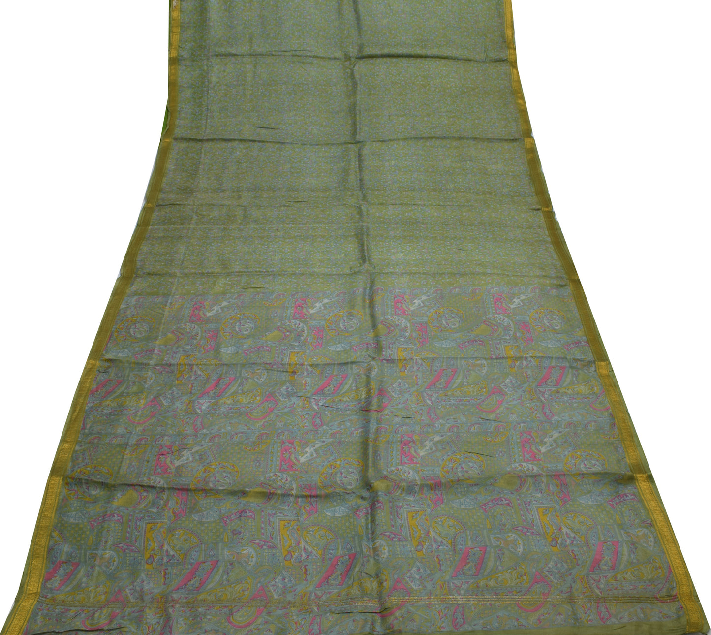 Sushila Vintage Green Scrap Saree 100% Pure Silk Printed Floral Sari Fabric