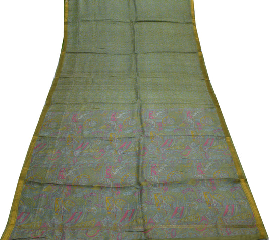 Sushila Vintage Green Scrap Saree 100% Pure Silk Printed Floral Sari Fabric