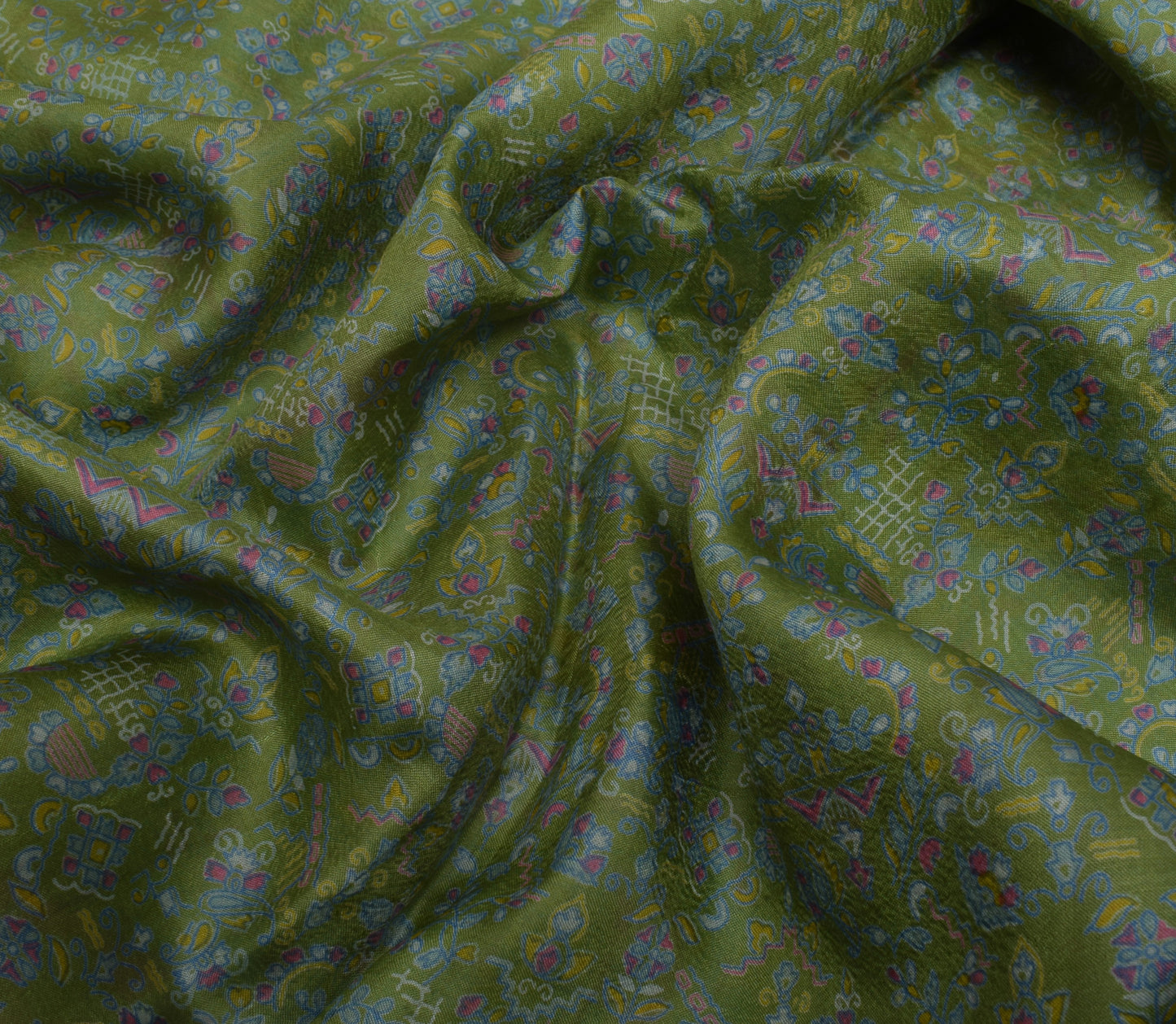 Sushila Vintage Green Scrap Saree 100% Pure Silk Printed Floral Sari Fabric