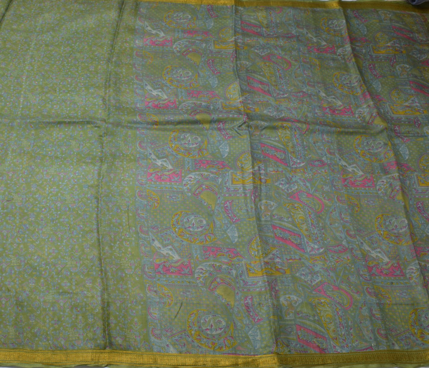Sushila Vintage Green Scrap Saree 100% Pure Silk Printed Floral Sari Fabric