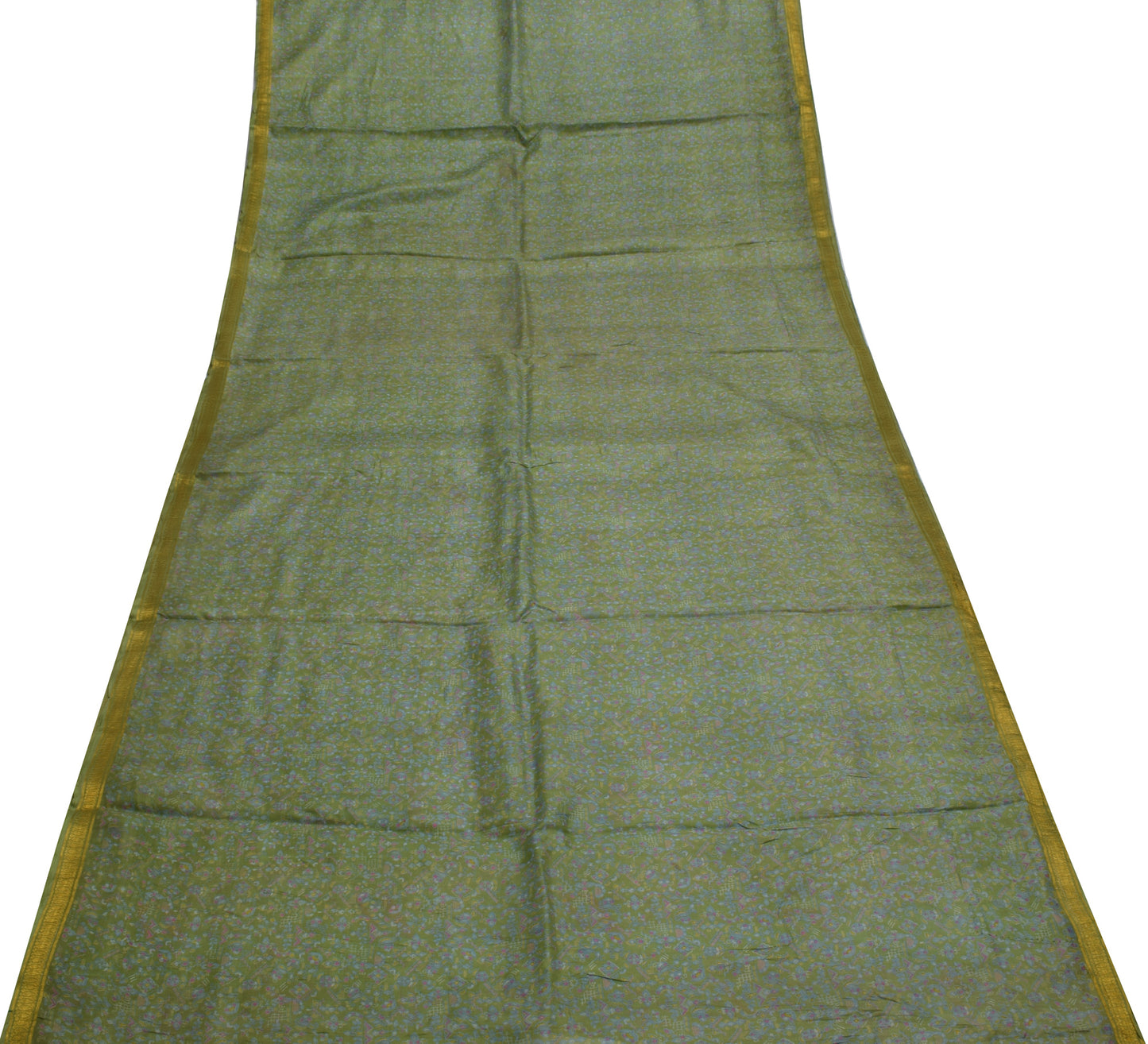 Sushila Vintage Green Scrap Saree 100% Pure Silk Printed Floral Sari Fabric