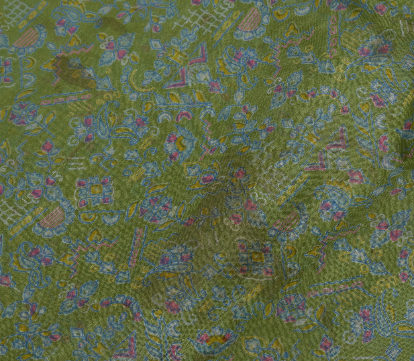 Sushila Vintage Green Scrap Saree 100% Pure Silk Printed Floral Sari Fabric