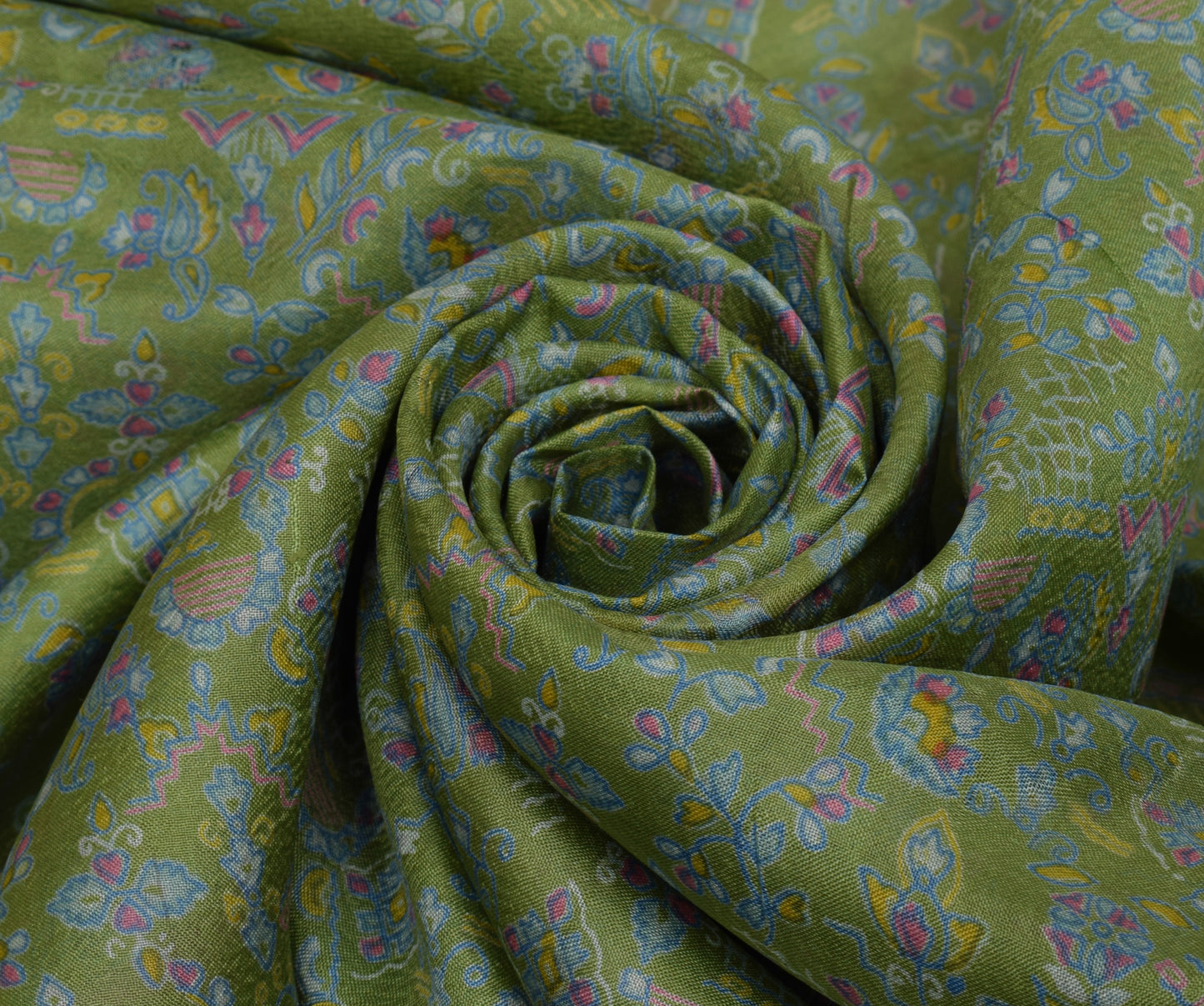 Sushila Vintage Green Scrap Saree 100% Pure Silk Printed Floral Sari Fabric