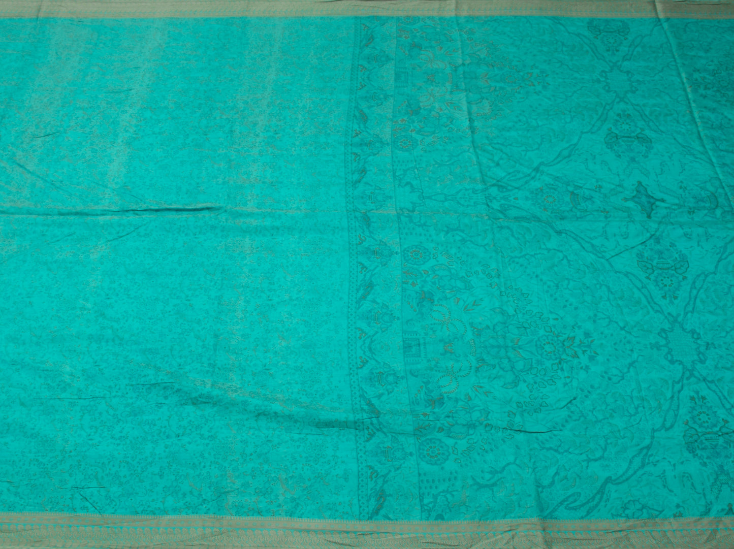 Sushila Vintage Turquoise Green Scrap Saree Pure Silk Printed Floral Sari Fabric