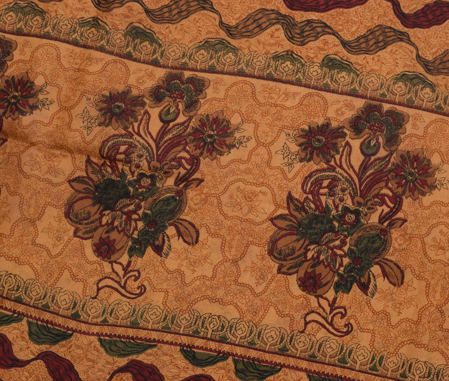 Sushila Vintage Brown Scrap Saree 100% Pure Silk Printed Floral Sari Fabric