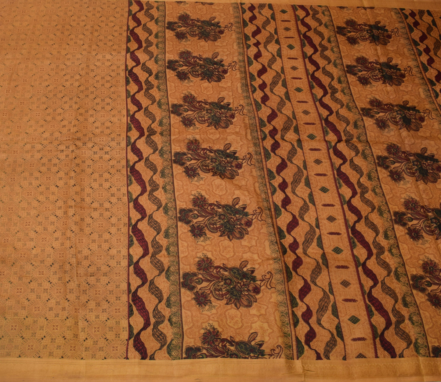 Sushila Vintage Brown Scrap Saree 100% Pure Silk Printed Floral Sari Fabric