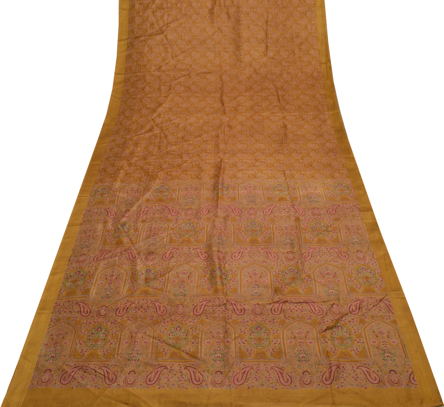 Sushila Vintage Brown Scrap Saree 100% Pure Silk Printed Paisley Sari Fabric