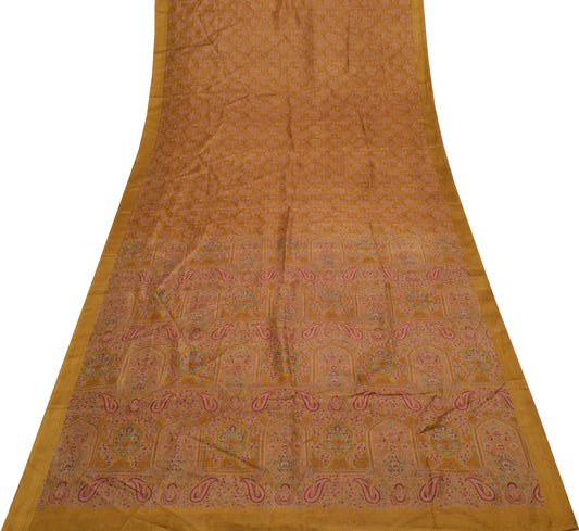 Sushila Vintage Brown Scrap Saree 100% Pure Silk Printed Paisley Sari Fabric