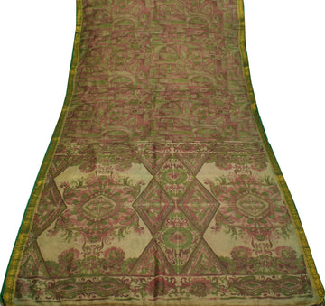 Sushila Vintage Indian Scrap Saree 100% Pure Silk Printed 5 Yard Sari Fabric