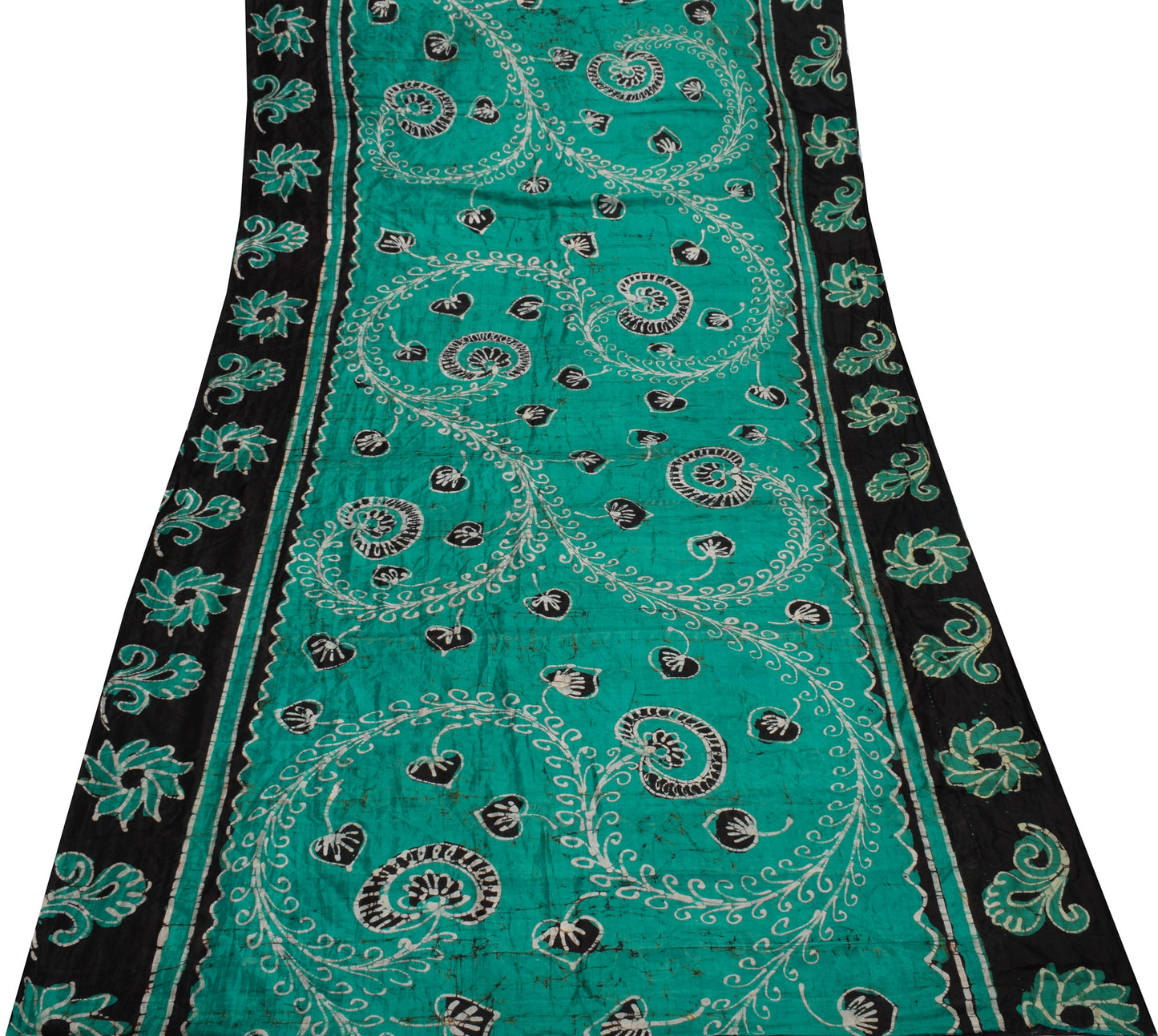 Sushila Vintage Teal Green Scrap Saree 100% Pure Silk Printed Sari Craft Fabric