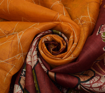 Sushila Vintage Mustard Scrap Saree 100% Pure Silk Printed 5 Yard Sari Fabric