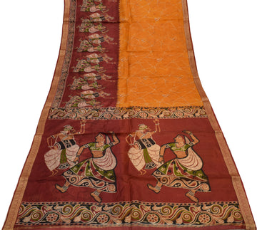 Sushila Vintage Mustard Scrap Saree 100% Pure Silk Printed 5 Yard Sari Fabric