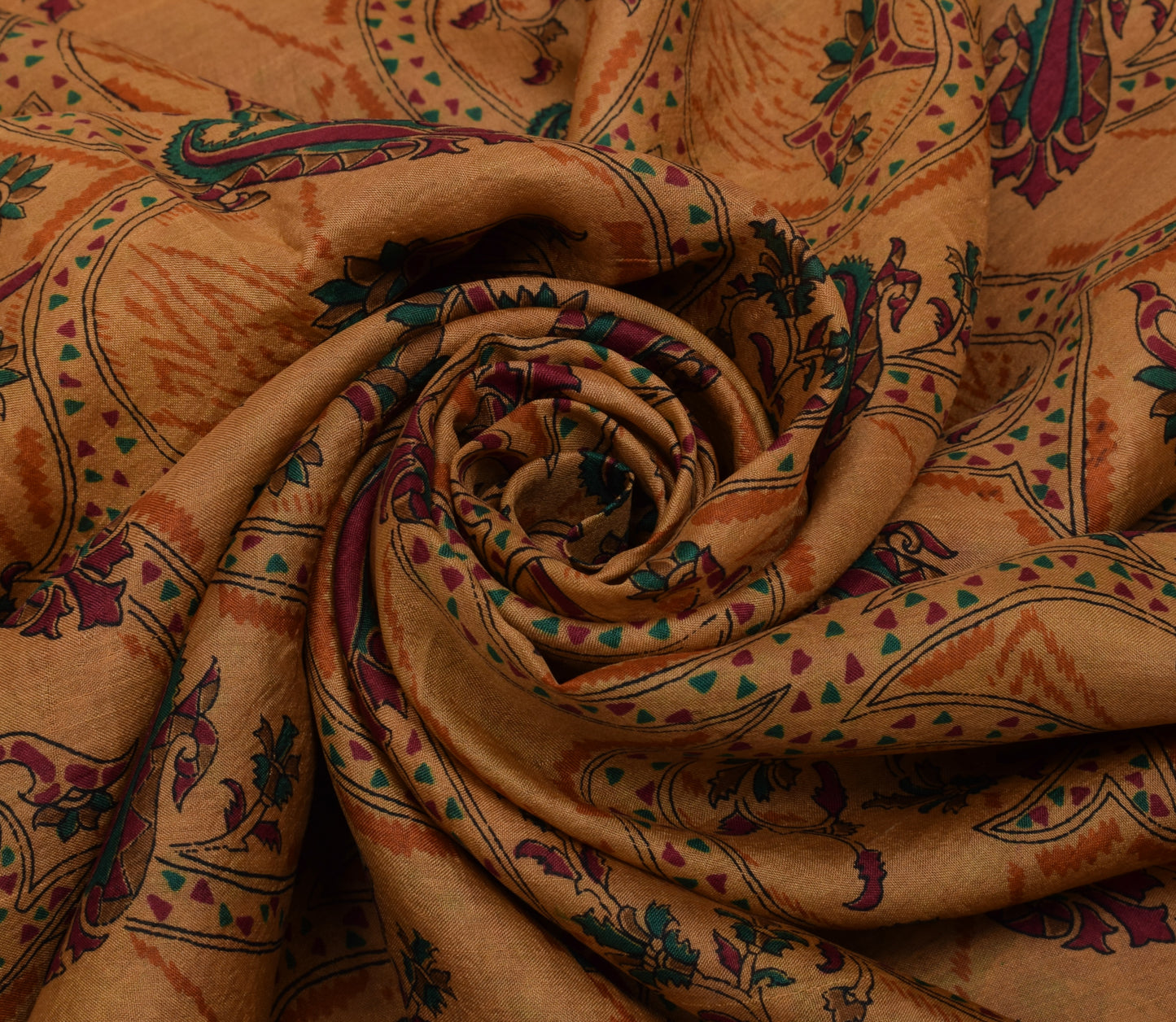 Sushila Vintage Brown Scrap Saree 100% Pure Silk Printed 5 Yard Sari Fabric