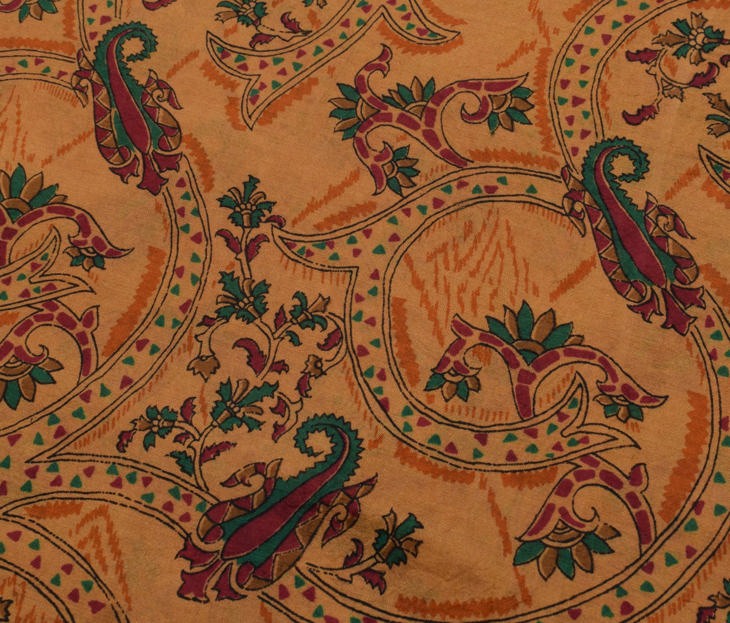 Sushila Vintage Brown Scrap Saree 100% Pure Silk Printed 5 Yard Sari Fabric