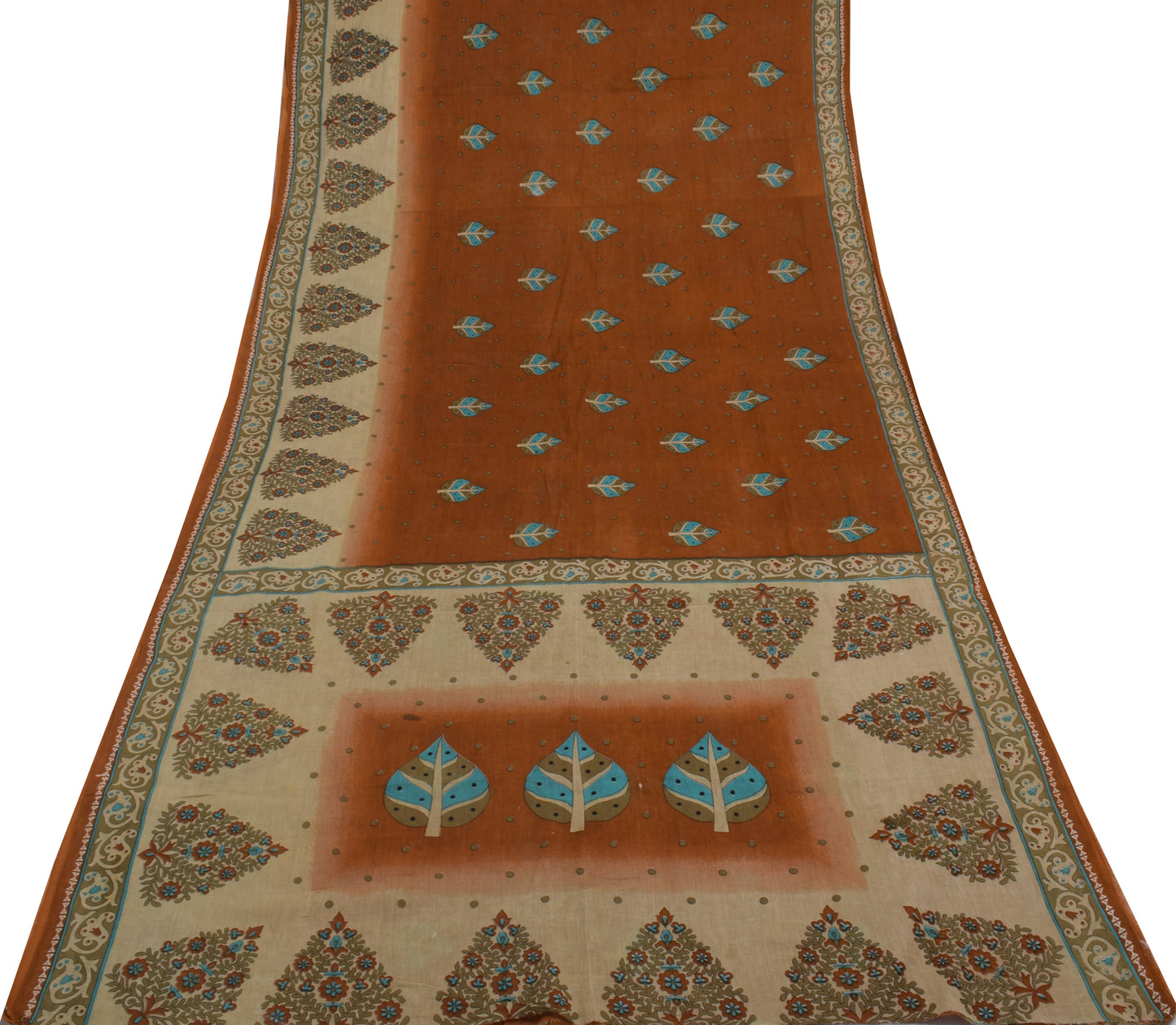 Sushila Vintage Brown Scrap Saree Pure Cotton Printed Floral Sari 5 Yard Fabric