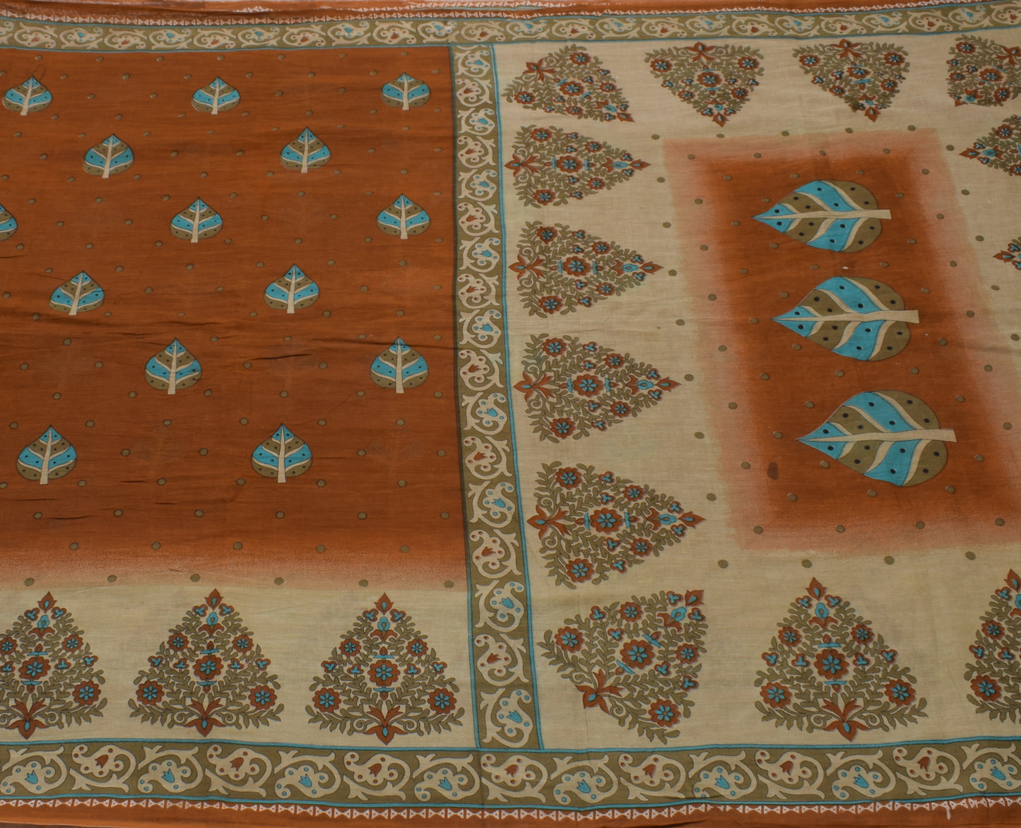 Sushila Vintage Brown Scrap Saree Pure Cotton Printed Floral Sari 5 Yard Fabric
