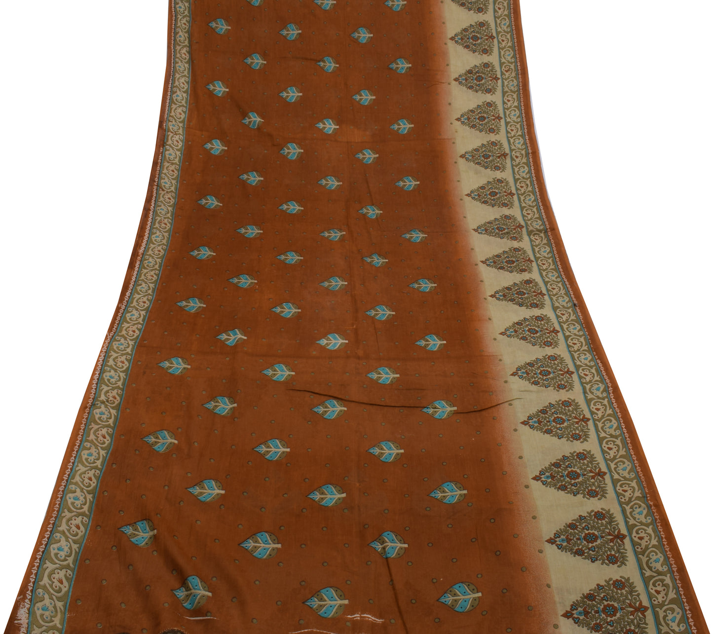 Sushila Vintage Brown Scrap Saree Pure Cotton Printed Floral Sari 5 Yard Fabric
