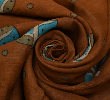 Sushila Vintage Brown Scrap Saree Pure Cotton Printed Floral Sari 5 Yard Fabric