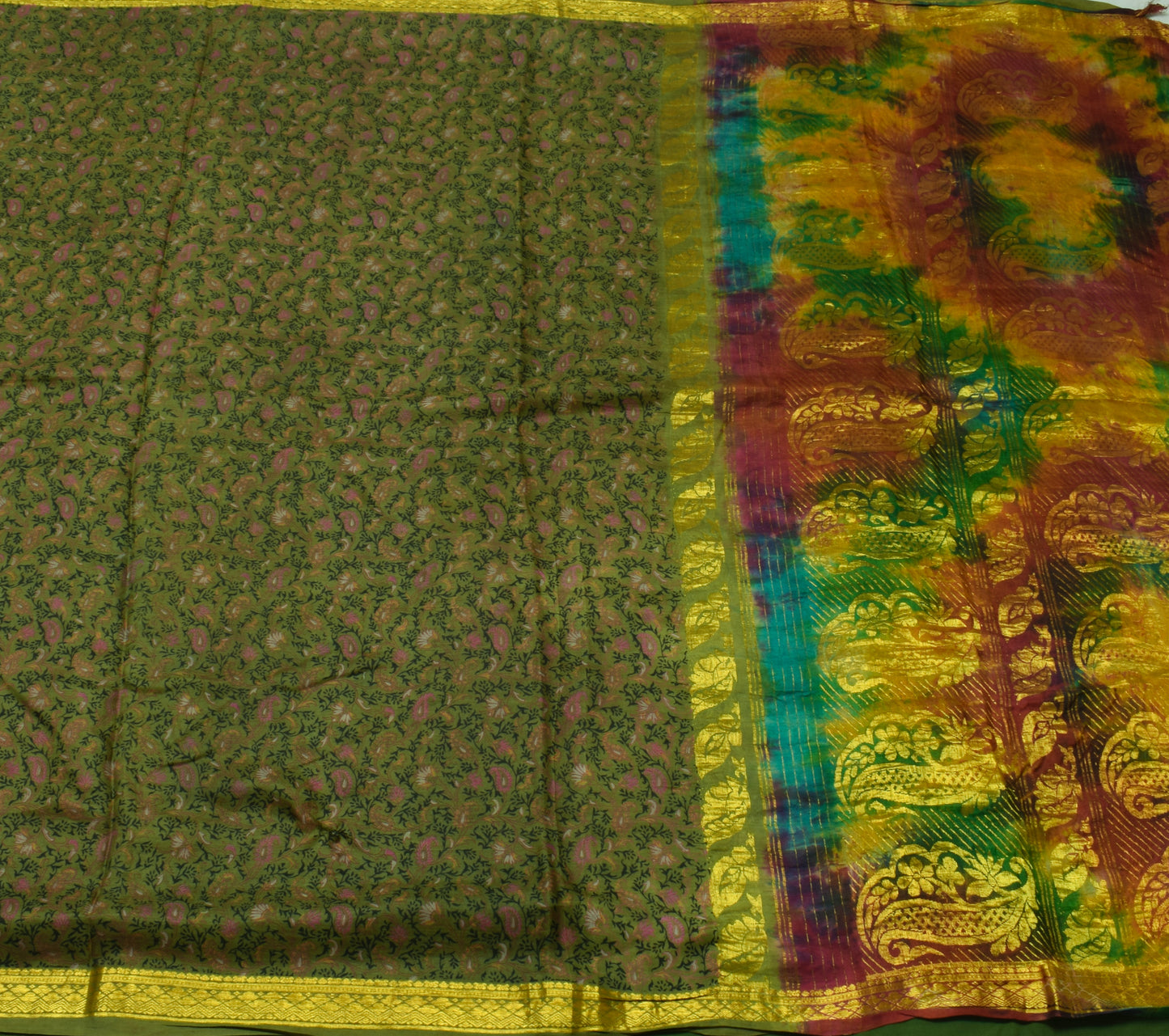 Sushila Vintage Green Scrap Saree 100% Pure Silk Printed Floral Sari Fabric