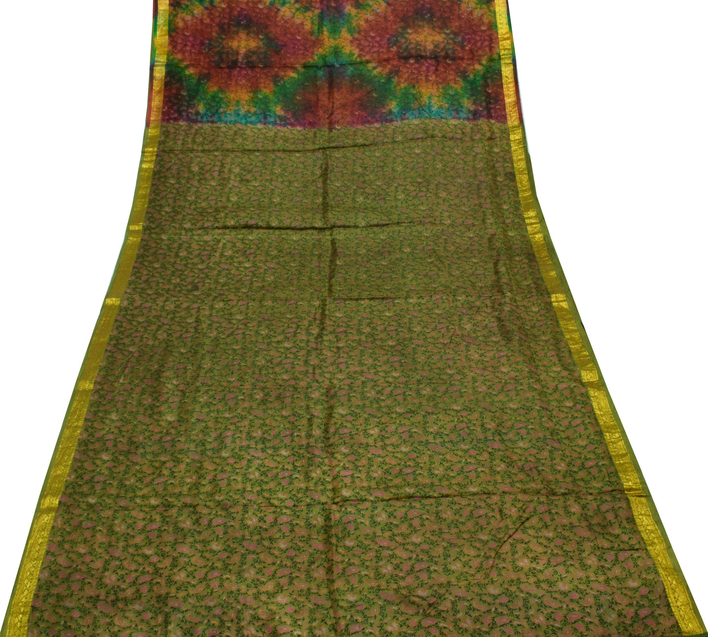 Sushila Vintage Green Scrap Saree 100% Pure Silk Printed Floral Sari Fabric