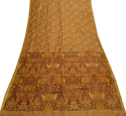 Sushila Vintage Brown Scrap Saree 100% Pure Silk Printed Floral Sari Fabric