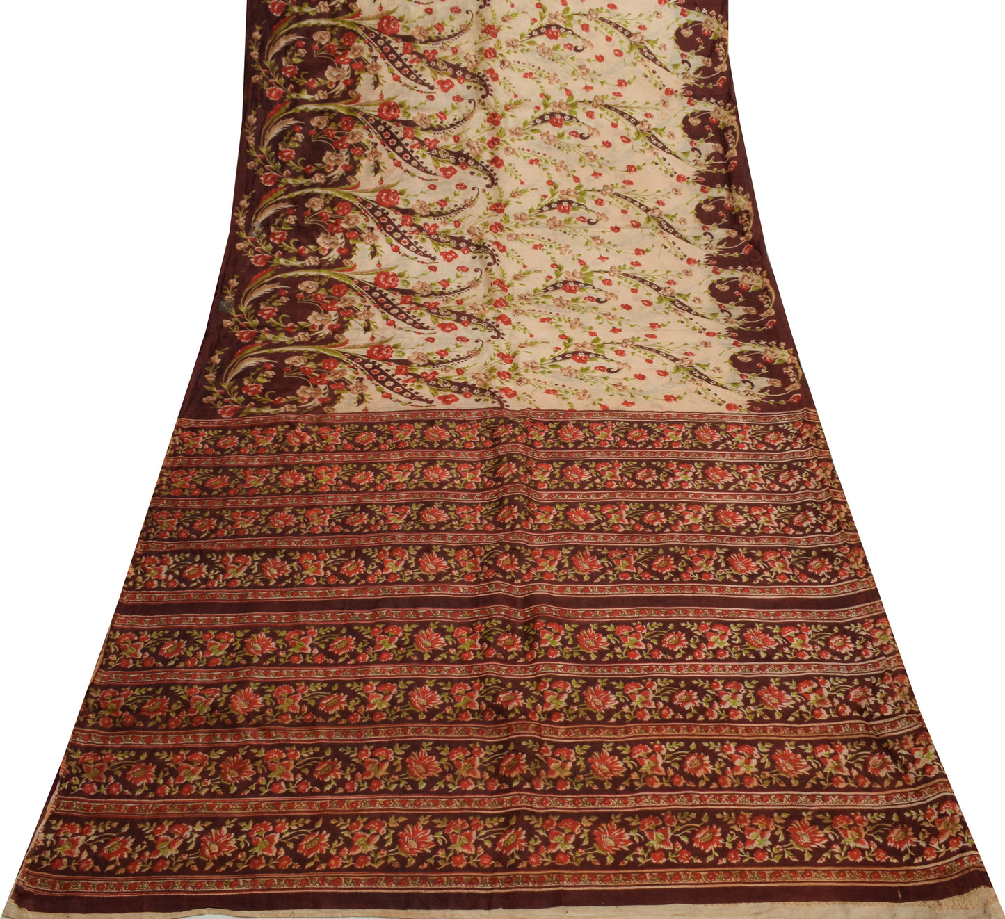 Sushila Vintage Cream Scrap Saree 100% Pure Silk Printed Floral Sari Fabric
