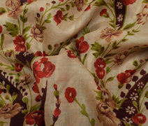 Sushila Vintage Cream Scrap Saree 100% Pure Silk Printed Floral Sari Fabric
