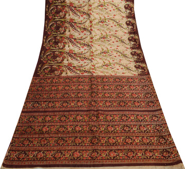 Sushila Vintage Cream Scrap Saree 100% Pure Silk Printed Floral Sari Fabric