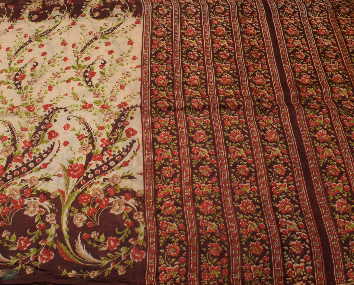 Sushila Vintage Cream Scrap Saree 100% Pure Silk Printed Floral Sari Fabric