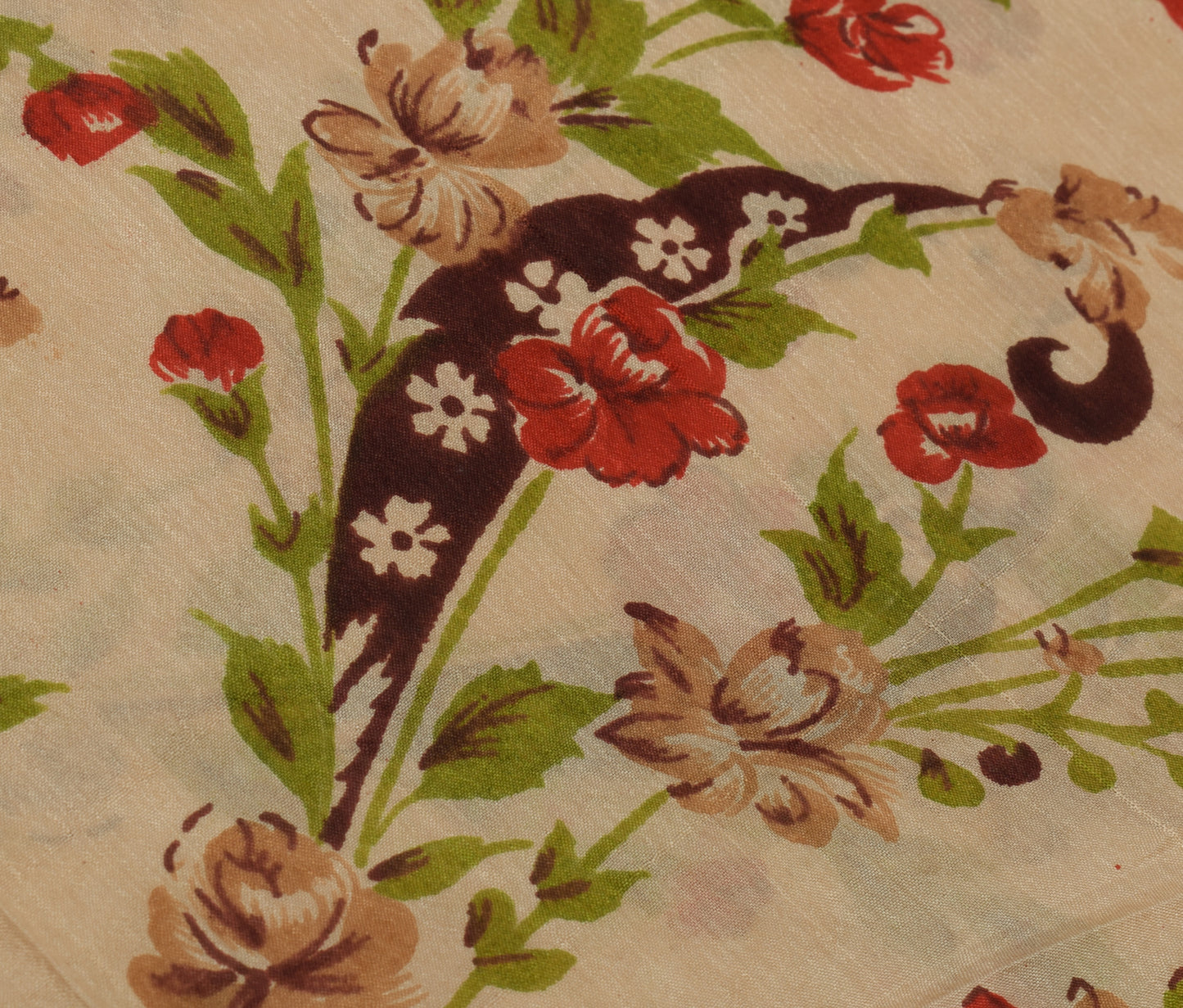 Sushila Vintage Cream Scrap Saree 100% Pure Silk Printed Floral Sari Fabric