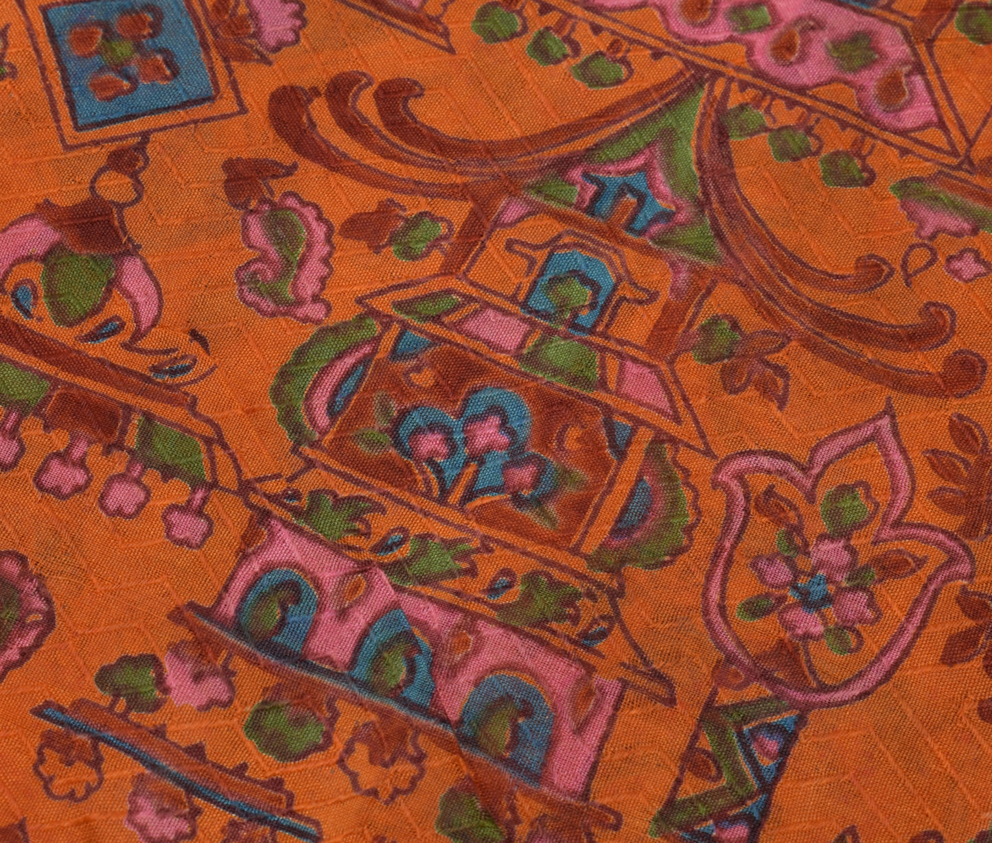 Sushila Vintage Orange Scrap Saree 100% Pure Silk Printed Sari Soft Craft Fabric