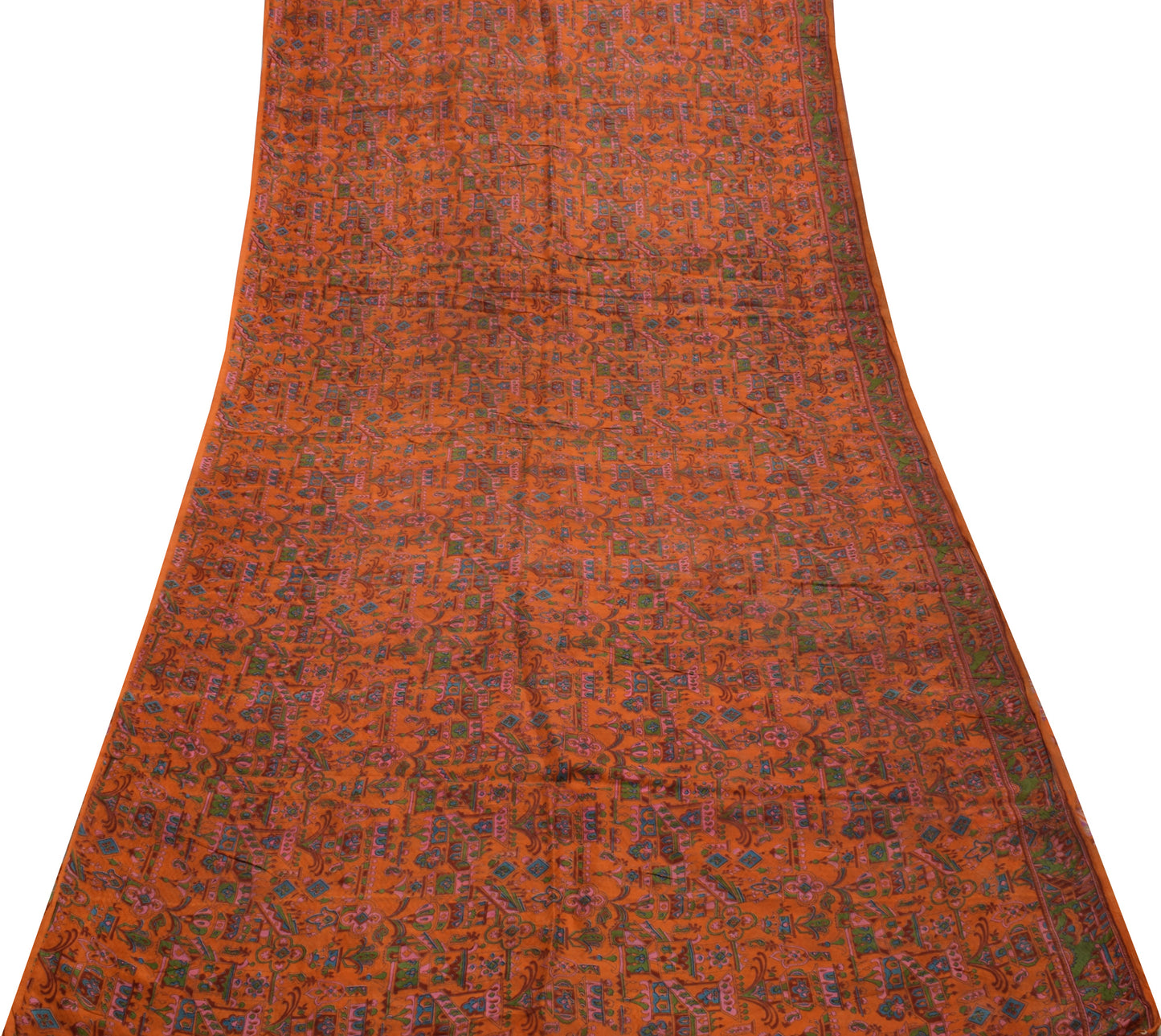 Sushila Vintage Orange Scrap Saree 100% Pure Silk Printed Sari Soft Craft Fabric