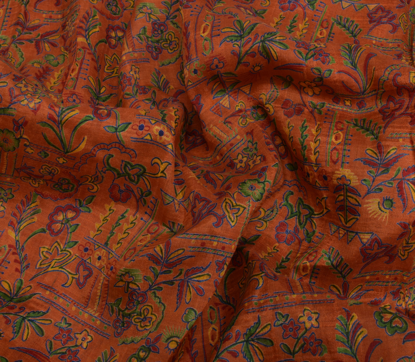 Sushila Vintage Orange Scrap Saree 100% Pure Silk Printed Floral Sari Fabric