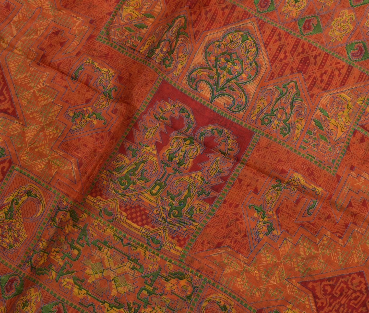 Sushila Vintage Orange Scrap Saree 100% Pure Silk Printed Floral Sari Fabric