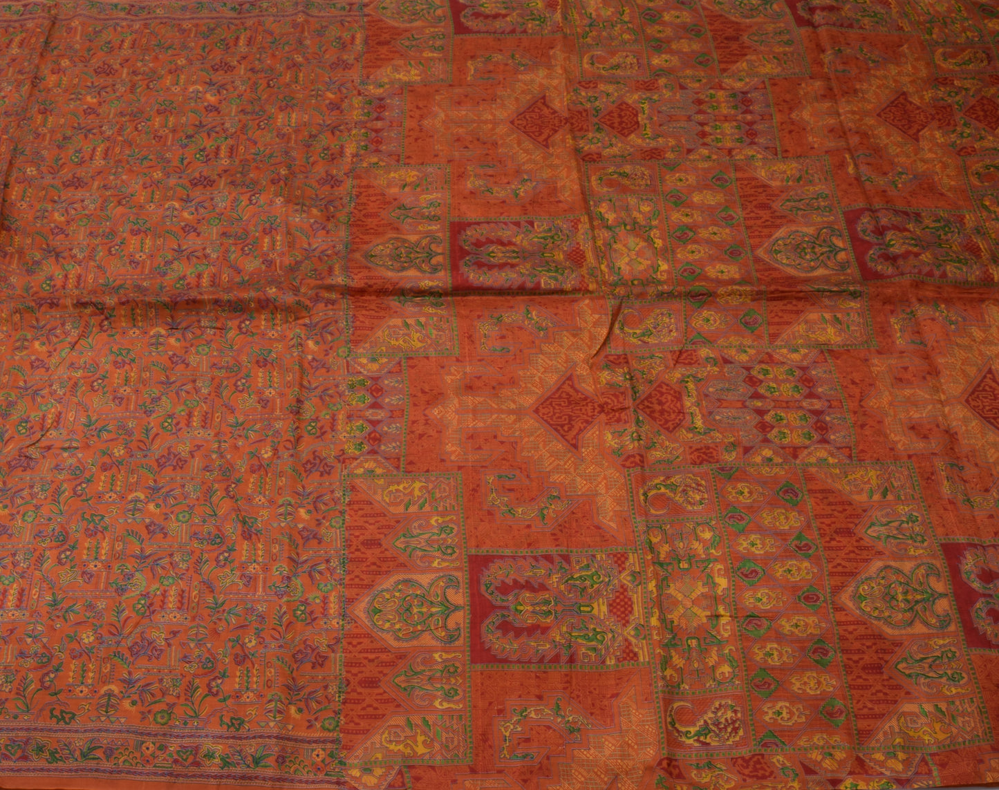 Sushila Vintage Orange Scrap Saree 100% Pure Silk Printed Floral Sari Fabric