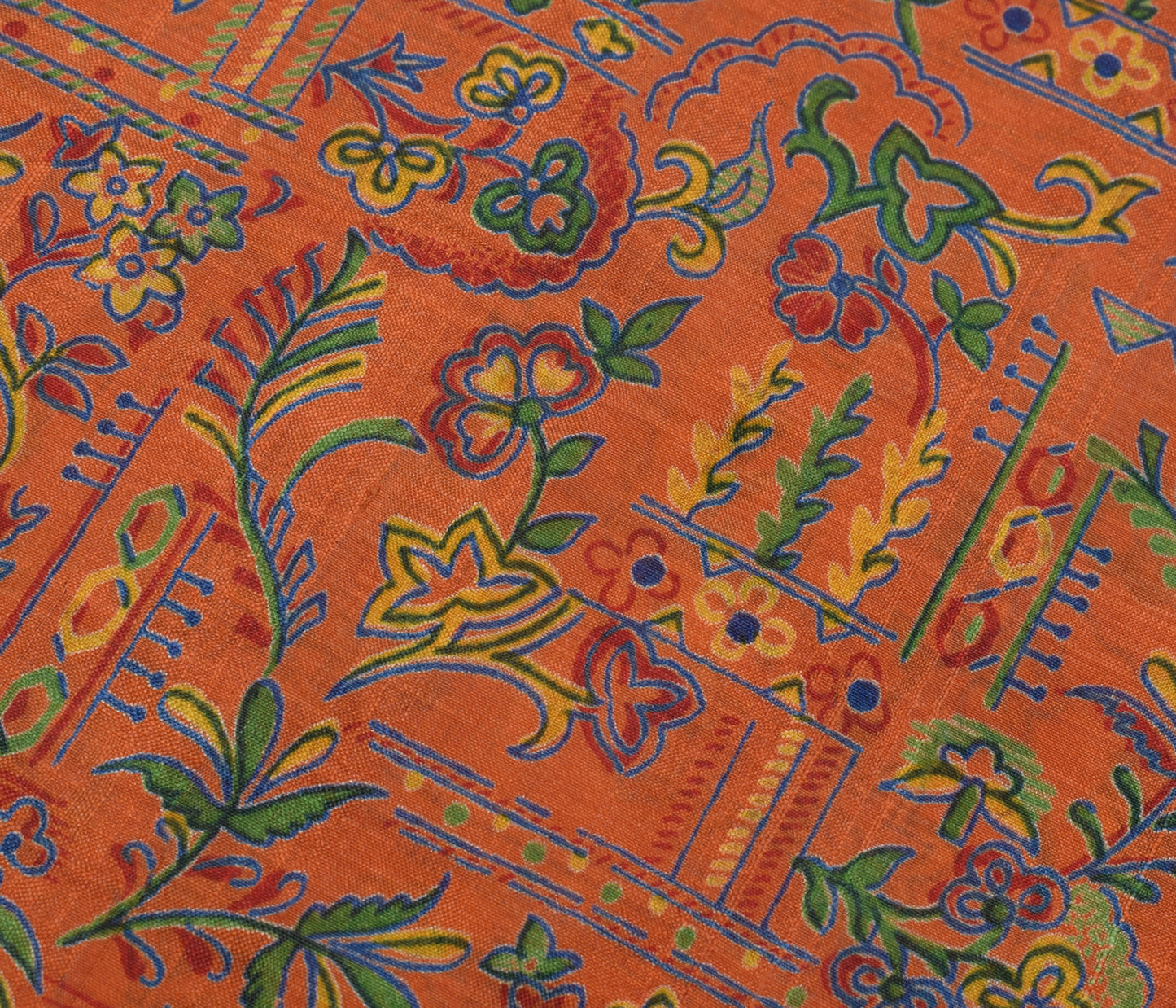 Sushila Vintage Orange Scrap Saree 100% Pure Silk Printed Floral Sari Fabric