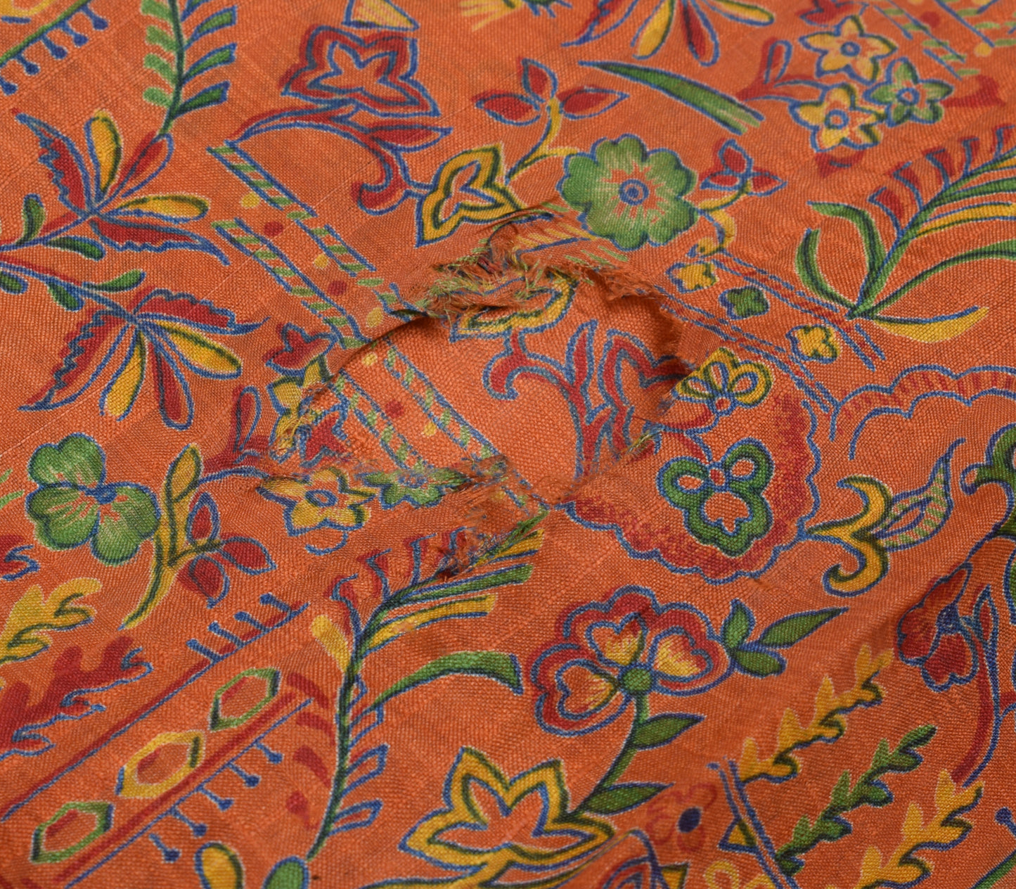 Sushila Vintage Orange Scrap Saree 100% Pure Silk Printed Floral Sari Fabric