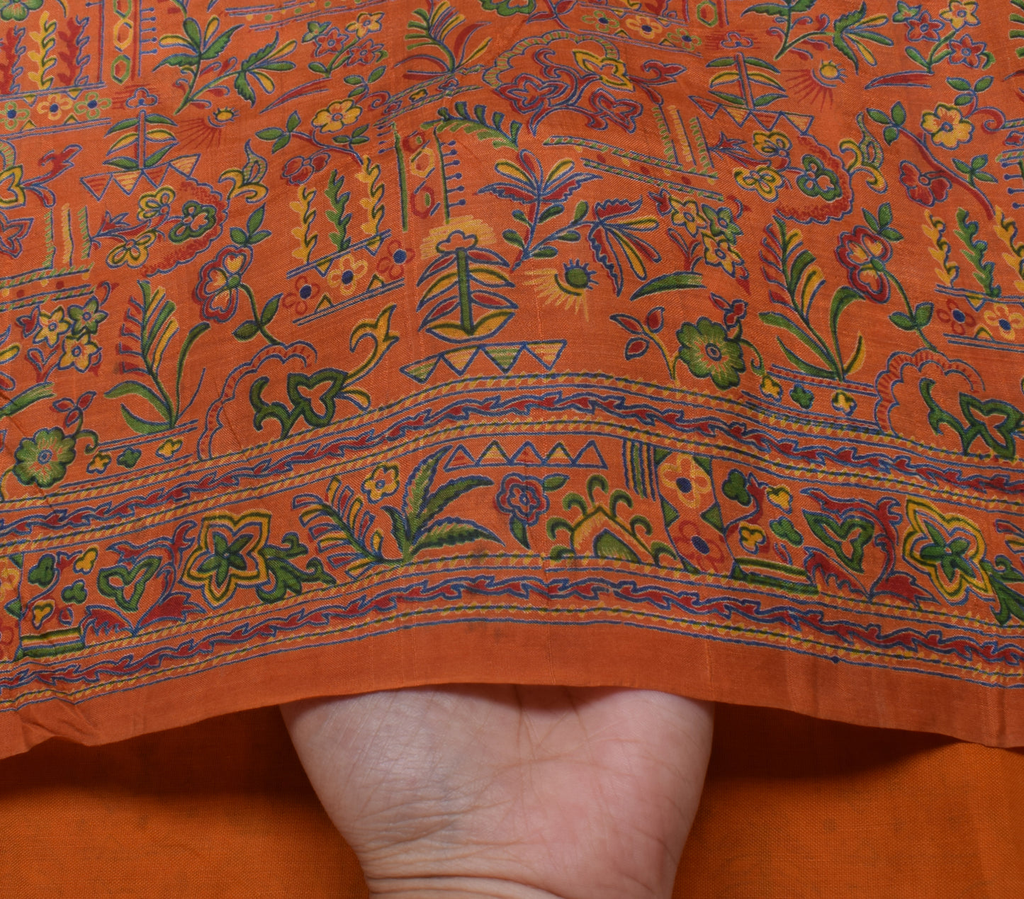 Sushila Vintage Orange Scrap Saree 100% Pure Silk Printed Floral Sari Fabric