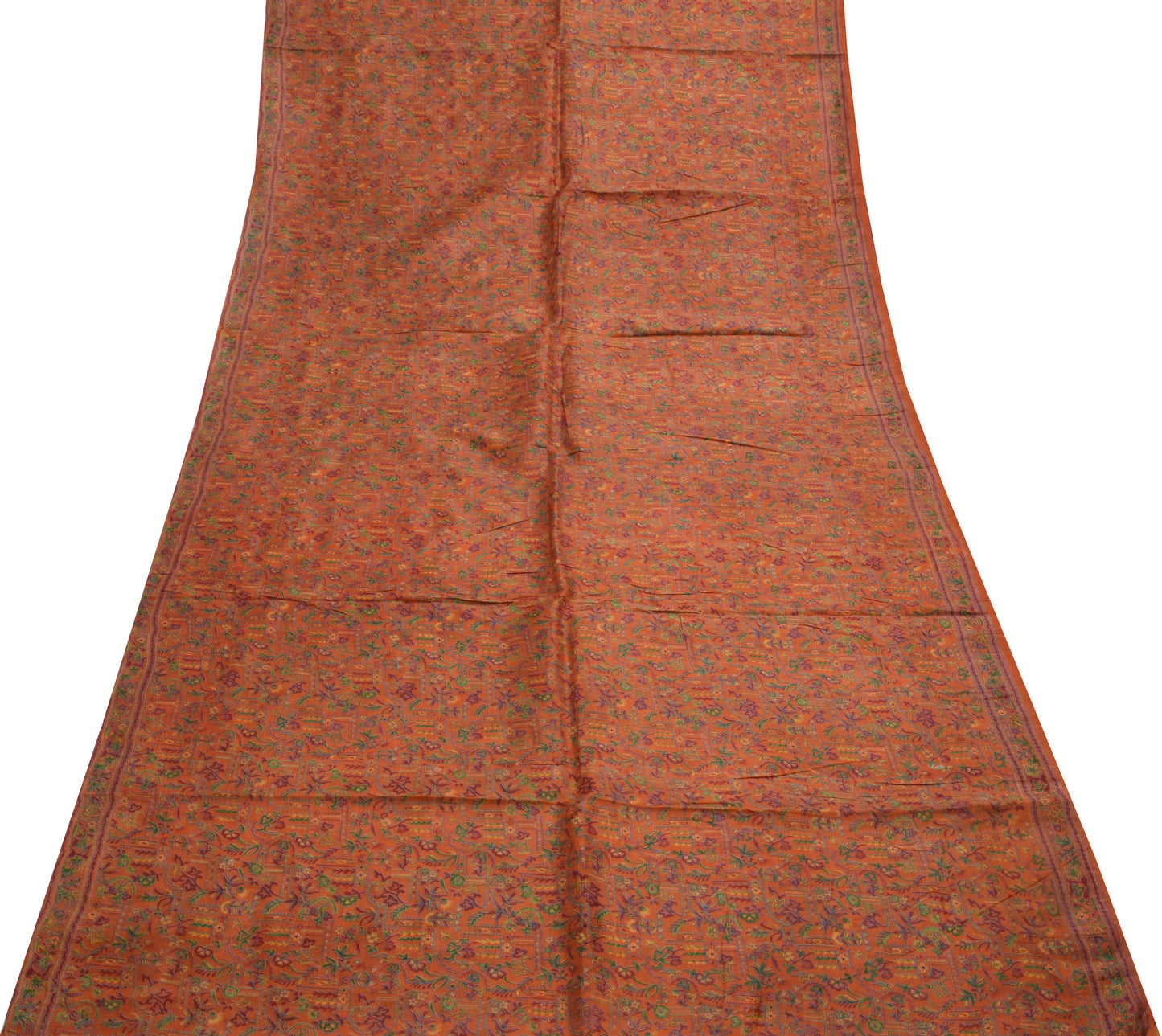 Sushila Vintage Orange Scrap Saree 100% Pure Silk Printed Floral Sari Fabric