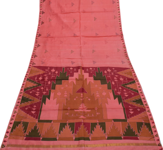 Sushila Vintage Peach Indian Scrap Saree 100% Pure Silk Printed Sari Fabric