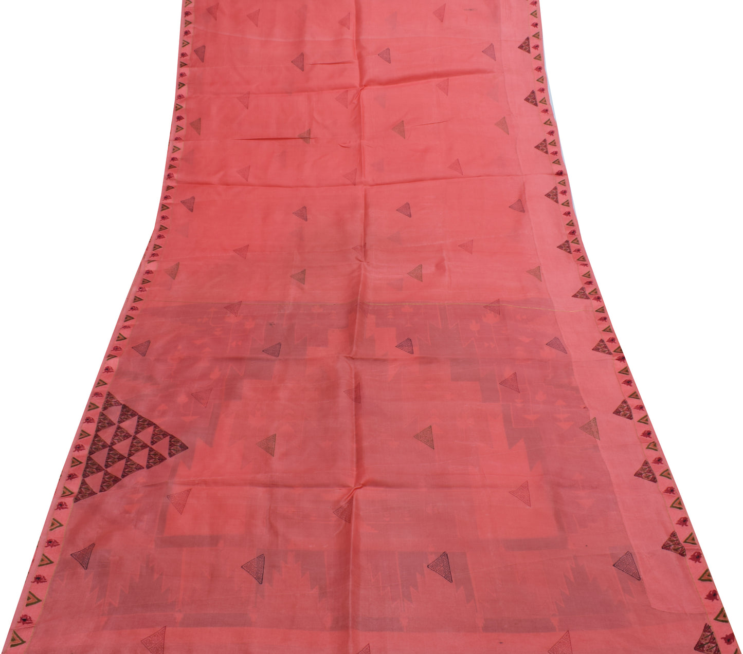 Sushila Vintage Peach Indian Scrap Saree 100% Pure Silk Printed Sari Fabric
