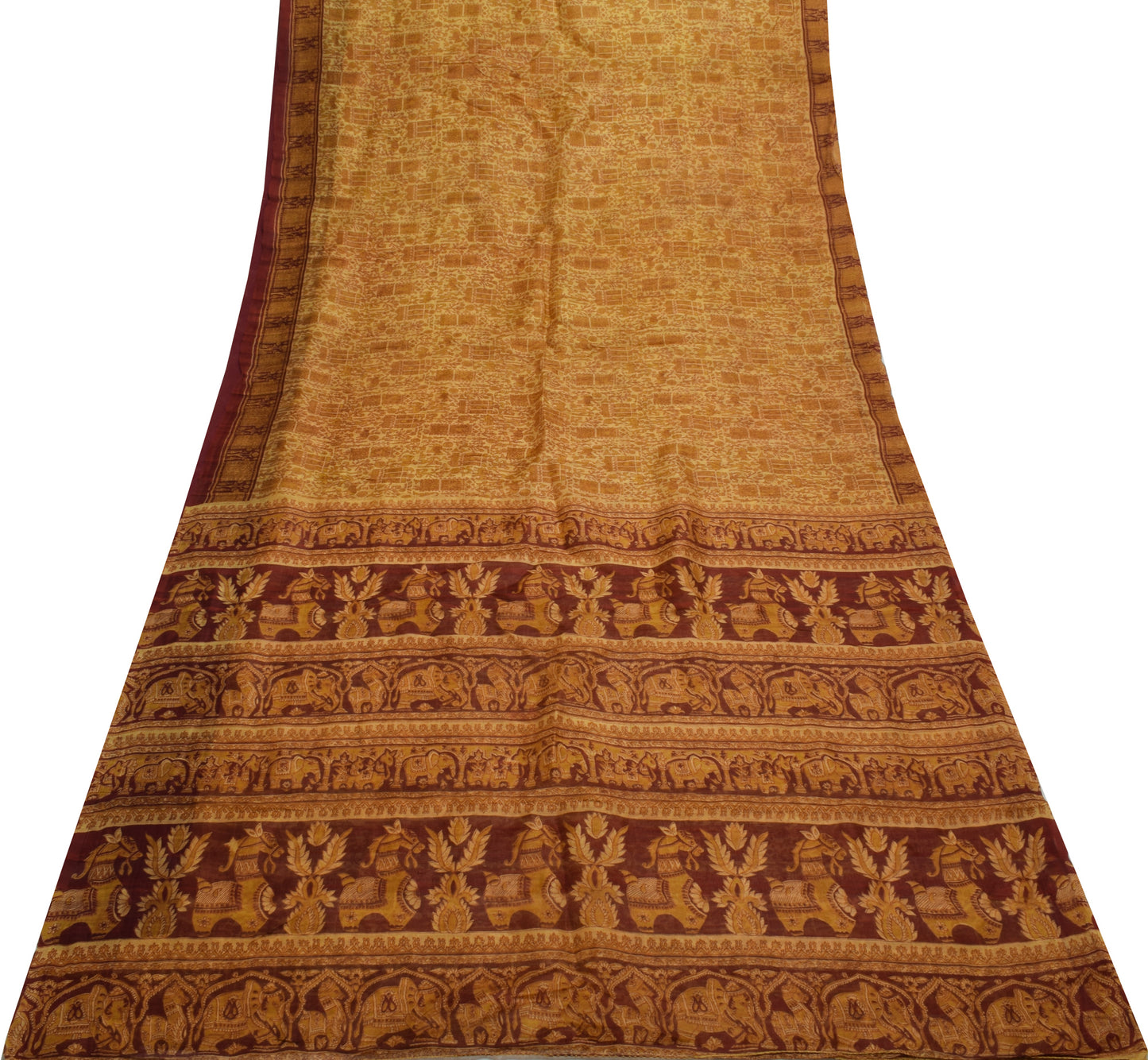 Sushila Vintage Yellow Scrap Saree 100% Pure Silk Printed Sari Craft 5 YD Fabric