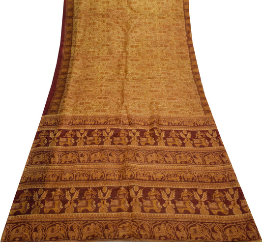 Sushila Vintage Yellow Scrap Saree 100% Pure Silk Printed Sari Craft 5 YD Fabric