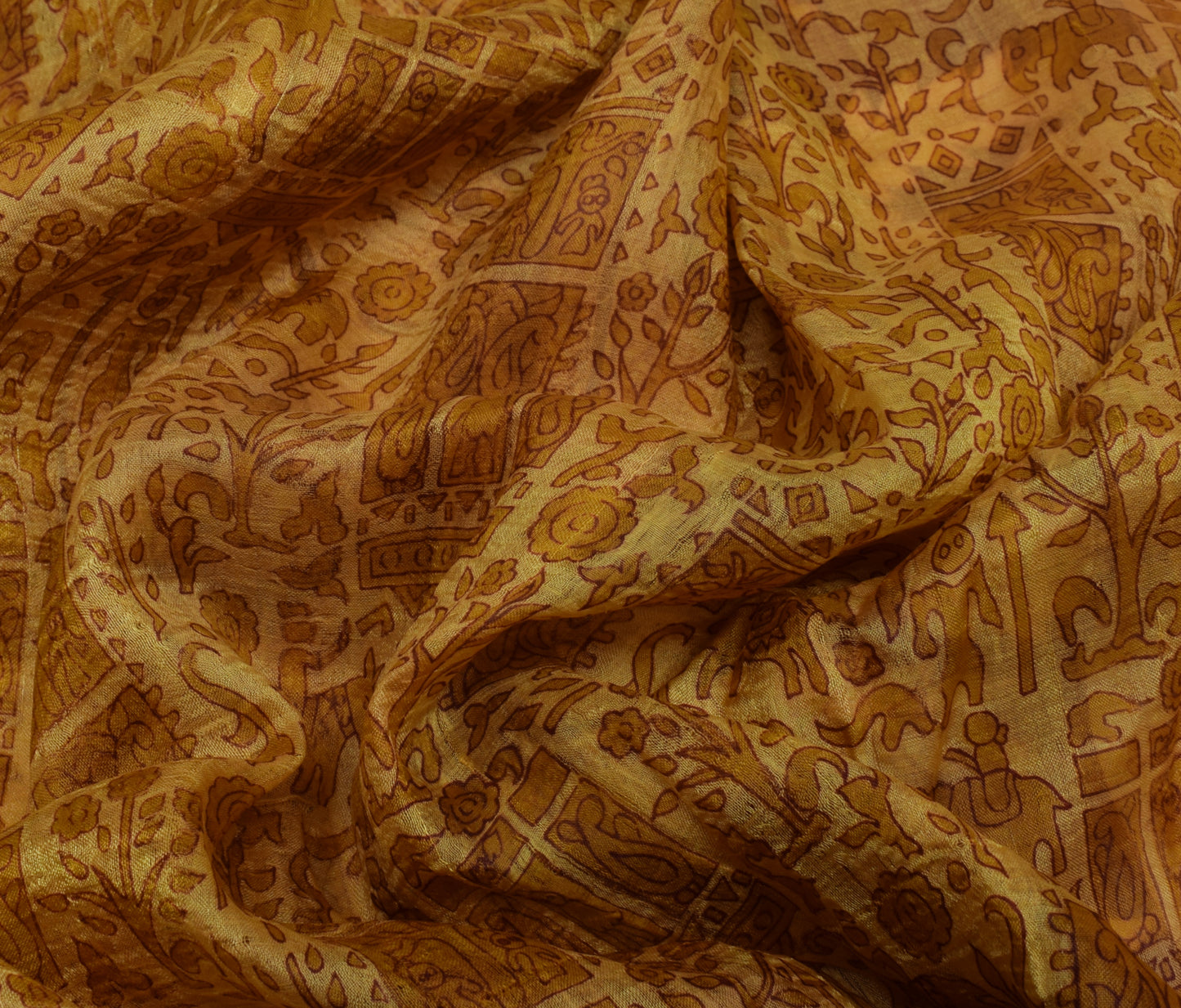 Sushila Vintage Yellow Scrap Saree 100% Pure Silk Printed Sari Craft 5 YD Fabric