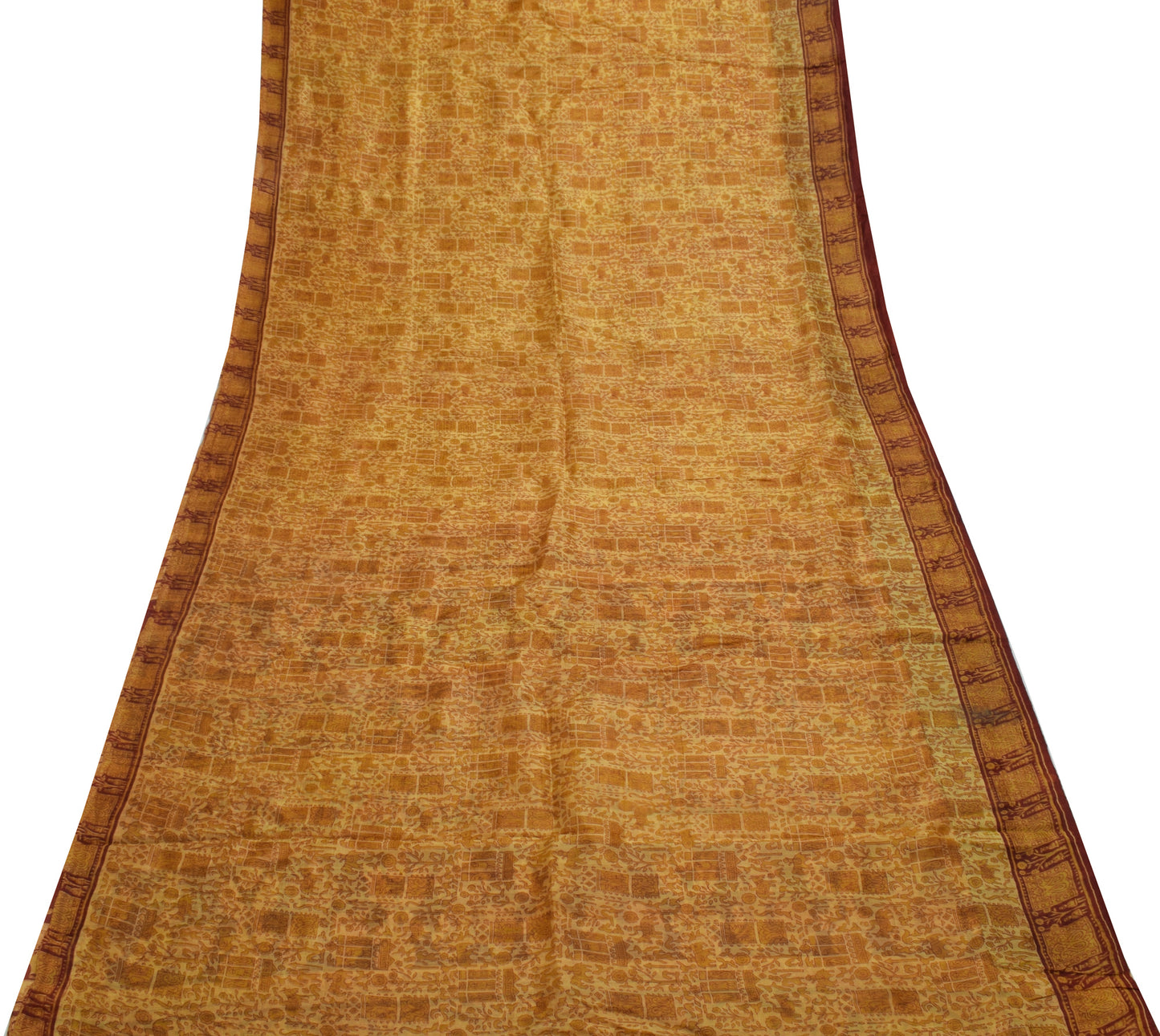 Sushila Vintage Yellow Scrap Saree 100% Pure Silk Printed Sari Craft 5 YD Fabric
