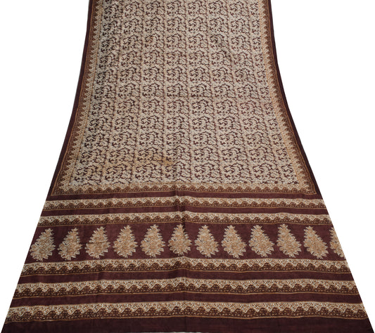 Sushila Vintage Brown Scrap Saree 100% Pure Silk Printed Floral Sari Fabric