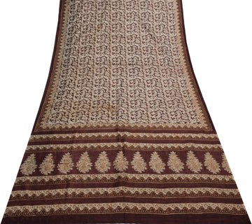 Sushila Vintage Brown Scrap Saree 100% Pure Silk Printed Floral Sari Fabric