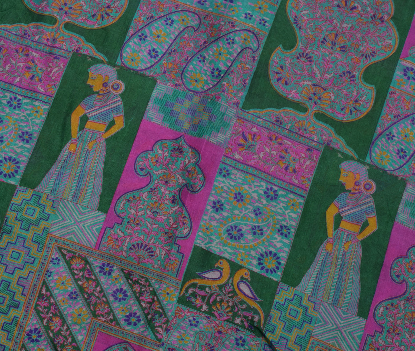 Sushila Vintage Indian Scrap Saree 100% Pure Silk Printed Humans Sari Fabric